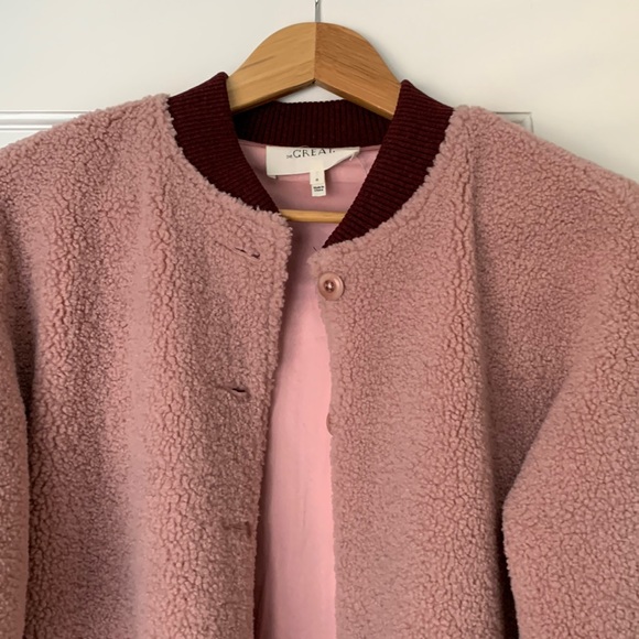 The GREAT. Sherpa knee length Bomber Jacket Dusty Rose - Picture 1 of 5